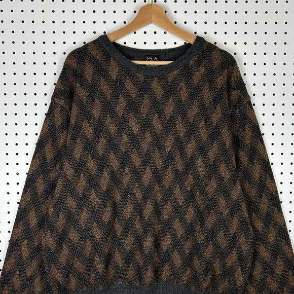 Jos A Bank Brown Chunky Knit Sweater XL Boxy READ Grandpa 90s Argyle Checkered - Picture 2 of 6